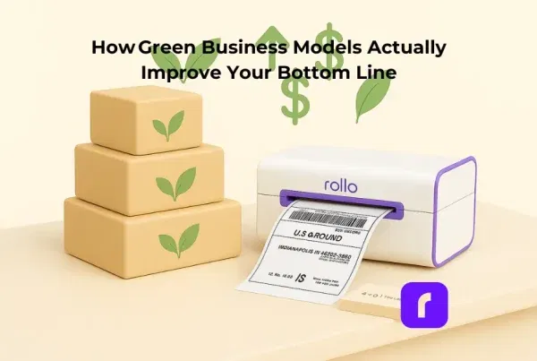 Minimalist 3D scene showing three eco‑friendly boxes beside a white‑and‑purple Rollo wireless printer actively printing a shipping label, with floating green leaves and dollar‑sign arrows symbolizing sustainable profit growth.